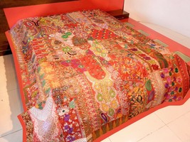 Vintage Patchwork Bedspread Hand Embroidery Bed Cover Throw Wall Hanging Curtain - £130.80 GBP+