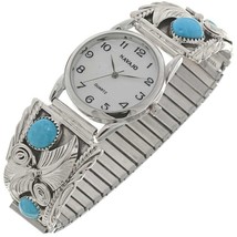 Navajo Turquoise Sterling Silver Watch Tips Mens Stretch Band Native Mad... - £278.33 GBP