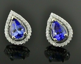 2.50Ct Pear Cut Lab Created Tanzanite Halo Stud Earrings 14k White Gold Plated - £103.18 GBP