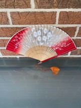 Vintage Japanese Folding Fan Red Paper And Wood Silver Trim With Flowers 1950s - £23.87 GBP