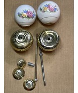 Bed Post Finials Floral Porcelain Ceramic Ball w/Gold Tone Brass  - $26.59