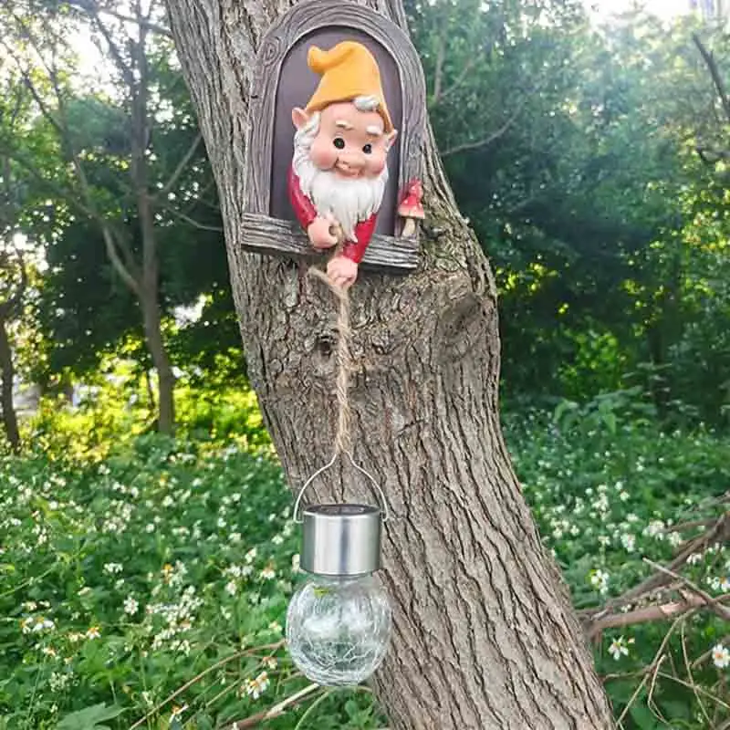 Cute Garden Lights Gnome with Crack Lamp Outdoor Lawn Statue Patio Tree Yard Art - £116.46 GBP