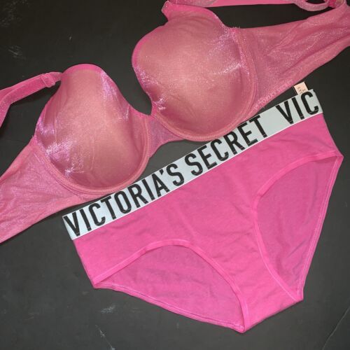 Victoria&#39;s Secret 36D BRA SET M cotton panty hot PINK black gray logo sh... - $49.49