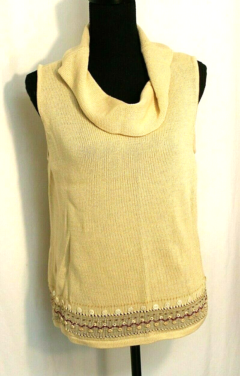 LIZ CLAIBORNE KNITTED SWEATER SIZE LARGE CREAM SLEEVELESS COWL NECK BEAD... - $14.86