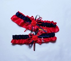 Red Satin Leg Wedding/Prom Garter Set, Red and Navy 1/8&quot; Ribbons, Flower, 19-22&quot; - £19.16 GBP