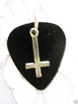 New Solid Black Guitar Pick Pewter Satanic Inverted Cross Charm Pendant Necklace - £4.78 GBP