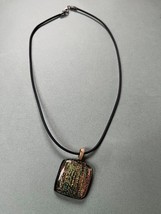 Black Rubber Cord w Green &amp; Copper Sparkly Fused Art Glass Square Pendant Neckla - £10.43 GBP