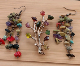 1970s Multicolor Stone Vintage Tree Brooch W/dangly Stone Earrings - £19.34 GBP