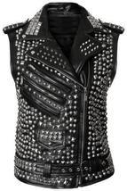 Woman Studded Leather Vest, Black Spike Belted Studs Zipper Brando Leath... - £172.99 GBP