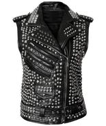 Woman Studded Leather Vest, Black Spike Belted Studs Zipper Brando Leath... - £172.59 GBP