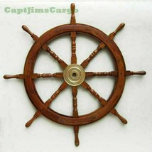 Large 36&quot; Boat Ship Wooden Steering Wheel Brass Center Nautical Wall Déc... - £119.57 GBP