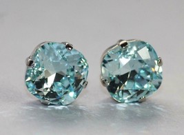 14K White Gold Plated 3Ct Cushion Simulated Aquamarine Solitaire Stud Earrings - £87.14 GBP