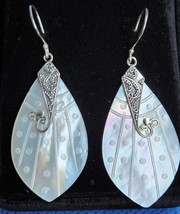 Etched or Carved Mother of Pearl Drop Dangle Earrings in Sterling Silver - £14.90 GBP