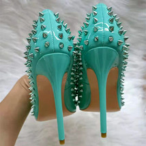 Tikicup Glossy Mint Green Women Pointy Toe High Heel Shoes with Silver Spikes Se - £64.47 GBP