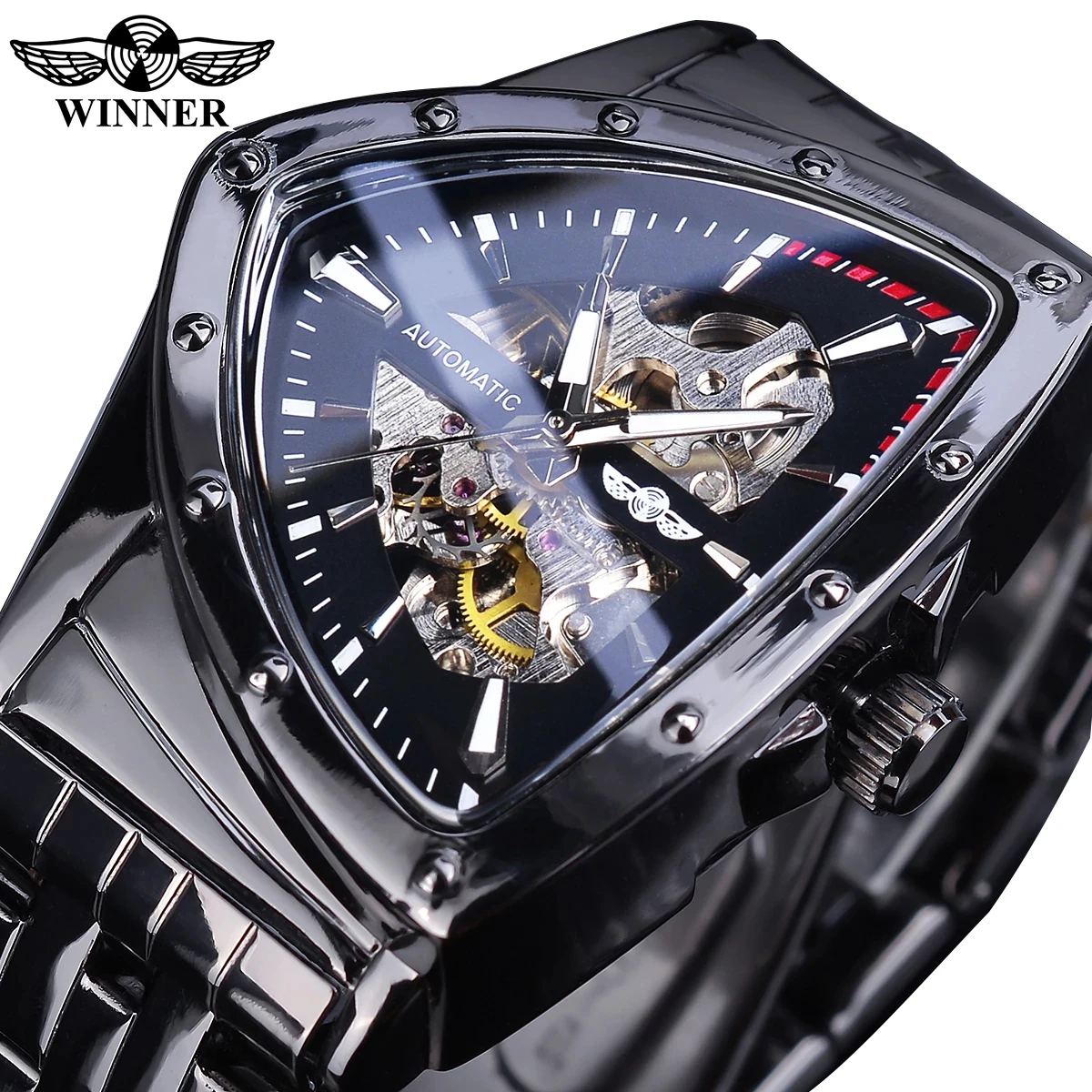 Watch Winner  Triangle Case Skeleton Design Stainless Steel Belt Men&#39;s  Fashion  - £76.02 GBP