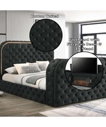 Kana Eastern King Bed w/LED, Fireplace &amp; TV Stand, Black Upholstery Velvet - $31,679.36 MXN