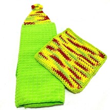 Handmade Kitchen Towel and Dish Cloth Set Crochet Hanging Towel Bright Green - £17.35 GBP