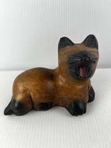 Hand Carved Wooden Folk Art Reclining Yawning Cat Statue Unsigned 3.5&quot;x5&quot; - £11.09 GBP