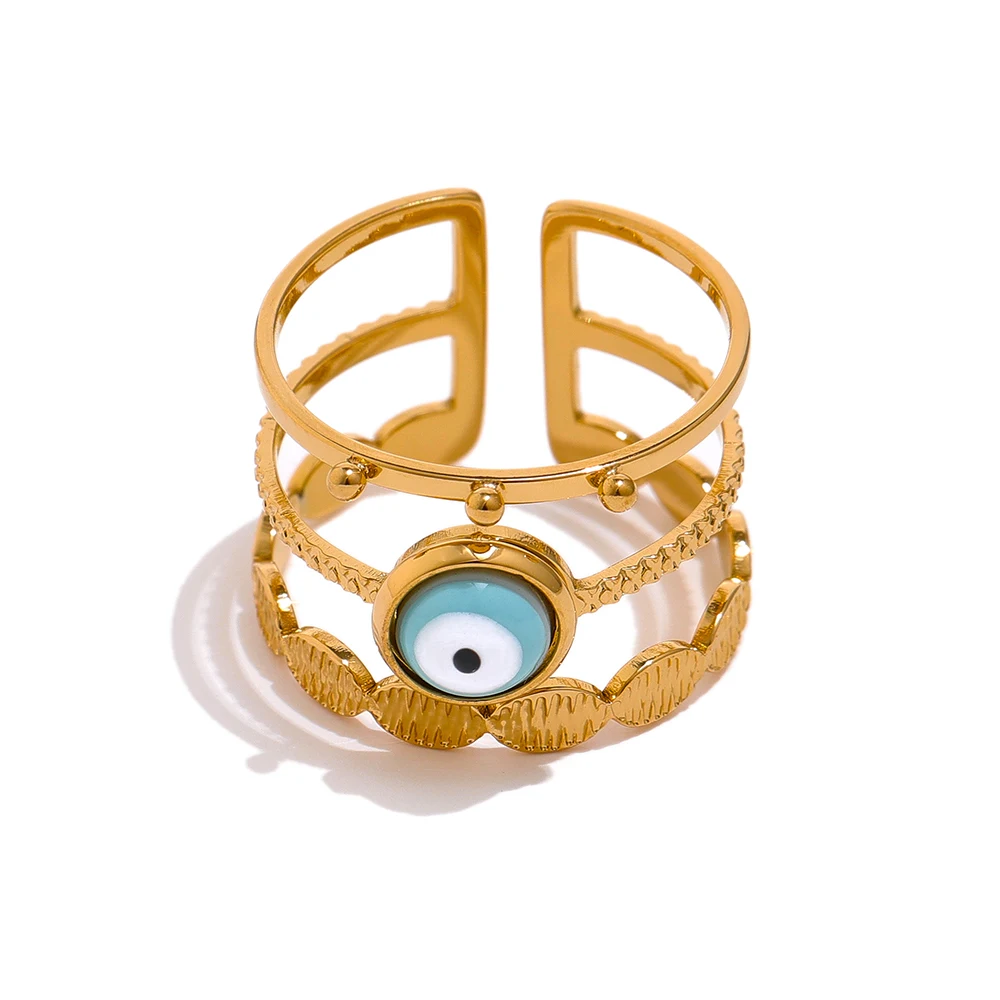 Turkish Devil Eye Bead Ring New Stainless Steel Golden Adjustable Finger Ring Je - £12.25 GBP
