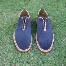 Navy Blue Color Suede Leather Derby Toe Natural Color Sole Handmade Laceup Shoes - £110.00 GBP