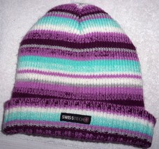 Swiss Tech Purple Blue &amp; White Striped Beanie Knit Hat With Fleece Lining - £7.81 GBP
