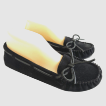 MinneTonka Women Size 9 M Black Leather Slip On Moccasin Memory Foam Shoes - £20.33 GBP