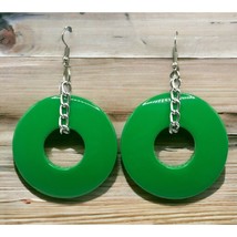 Green Circles Earrings Vintage Silver Tone Chain Dangle Retro 80s - £11.95 GBP