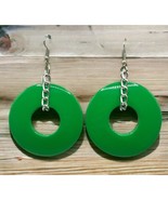 Green Circles Earrings Vintage Silver Tone Chain Dangle Retro 80s - £11.75 GBP