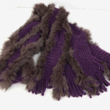 Echo New York Womens Rabbit Fur Scarf Purple Knit Brown Fringe Swirl Pattern - £23.72 GBP