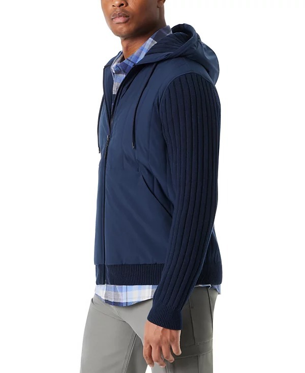 Bass Outdoor Sweater Jacket Mens Medium Navy Blaze Mixed Media Zip-Front Hooded Item image 3