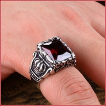 Ruby Red Emerald Cut AAAA Zircon Royal Kings Crown Mens Titainium Ring image 3