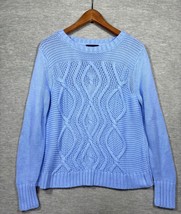 Lands End Drifter Cable Knit Sweater L/P Blue 100% Cotton Womens Pullover - $325.11 MXN