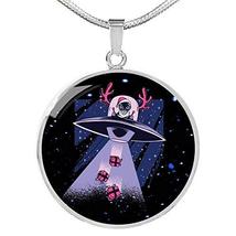 Express Your Love Gifts Santa Alien Circle Pendant UFO Alien Fan Necklace Stainl - £43.75 GBP