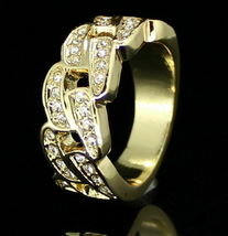Hip Hop Men&#39;s Cuban Link Pinky Ring0.35Ct Iced out Band in 14k Yellow Gold Over - £59.96 GBP