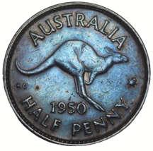 Australia Half Penny, 1950~Blue Toned~Kangaroo~Free shipping - $8.81