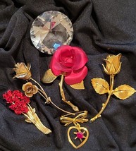 VTG Signed Satin Enamel Red Gold ROSE Roses Bud Collection Brooch Pin Lot 5 - £30.20 GBP