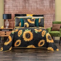 Amarelo Sunflower Black Reversible Comforter Sheet Curtains 10 Pcs Queen Size - £170.14 GBP