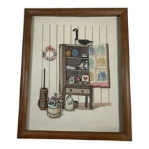 Cross Stitch Country Cabinet Wallpaper Framed Cottage Country Core Vinta... - £44.01 GBP