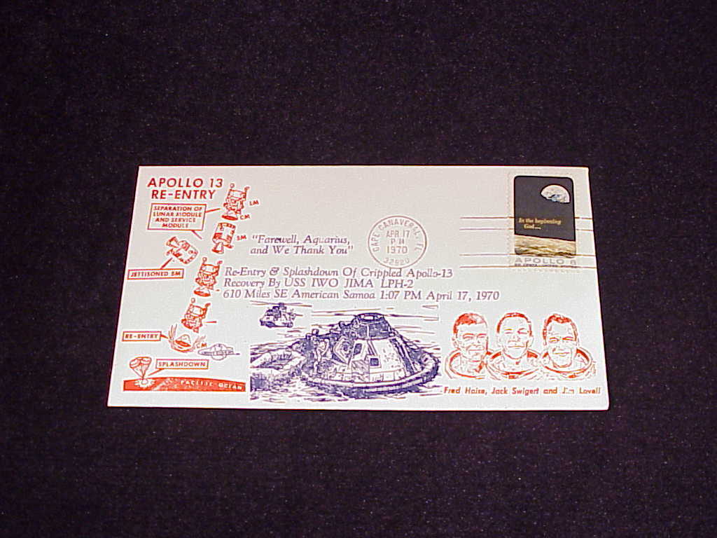 1970 Apollo 13 Re-Entry Cover Envelope with Apollo 8 Stamp, Cape Canaveral, FL - $8.95