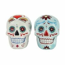 Colorful Day Of The Dead Blue And White Sugar Skulls Salt And Pepper Shakers Set - £13.57 GBP