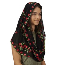 Women&#39;s Black Red Floral Infinity Chapel Veil Head Covering Latin Mass C... - £18.42 GBP