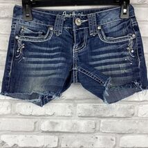 Amethyst Size 0 Womens Blue Denim Summer Jean Mini Booty Shorts Frayed Hem - $17.44