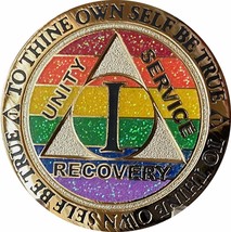 1 Year AA Medallion Reflex Rainbow Glitter and Gold Plated Sobriety Chip - £14.85 GBP