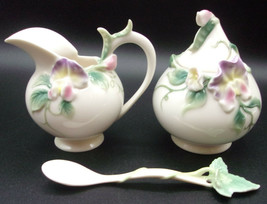 Franz Porcelain Creamer, Sugar Bowl, Lid &amp; Spoon Sweet Pea With Orchids Sculpted - £89.59 GBP