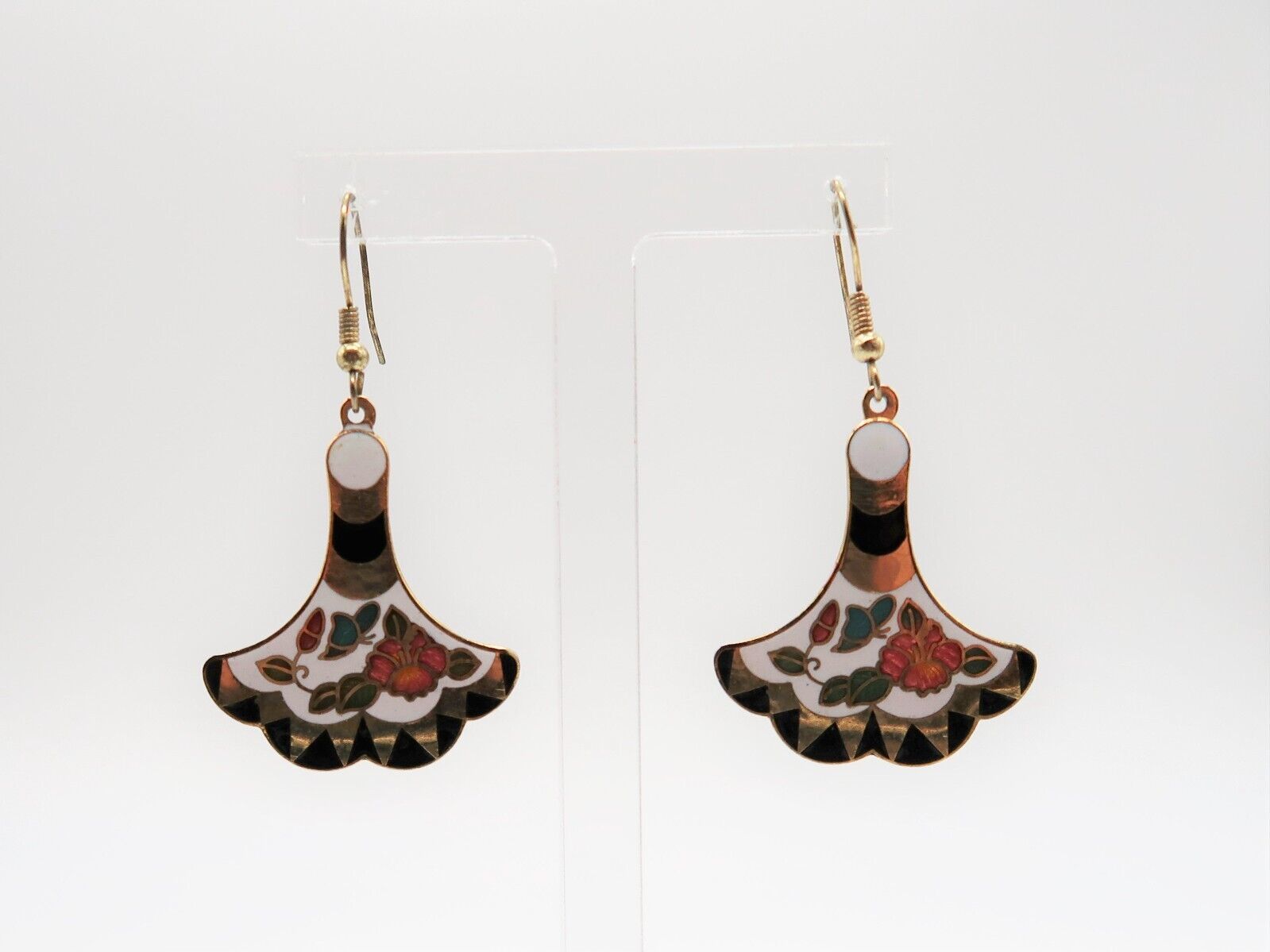 Vtg multi color enamel over gold tone metal fan shaped flower design ear... - $14.99