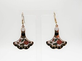 Vtg multi color enamel over gold tone metal fan shaped flower design ear... - $14.99