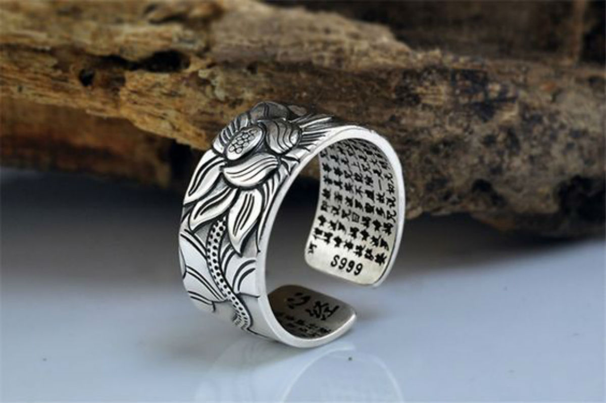 Pure Silver Heart Sutra Lotus Ring - $24.99