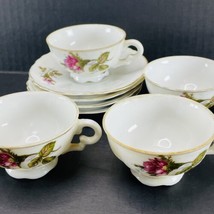 4 GRJ1 Green China Porcelain Footed Demitasse Cup Saucer Set Coffee Rose VTG - £46.96 GBP