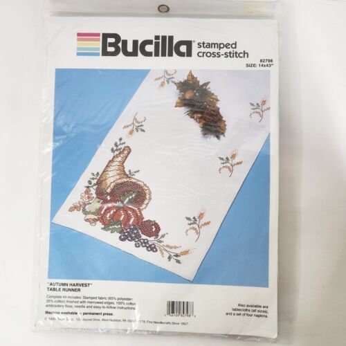 Primary image for BUCILLA Stamped Cross Stitch Kit AUTUMN HARVEST Tablerunner - 14" x 44" NEW