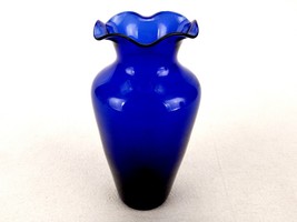 Small Cobalt Blue Vase, Urn Shape Body, Ruffled Rim, 5.25&quot;, Unmarked - £14.62 GBP